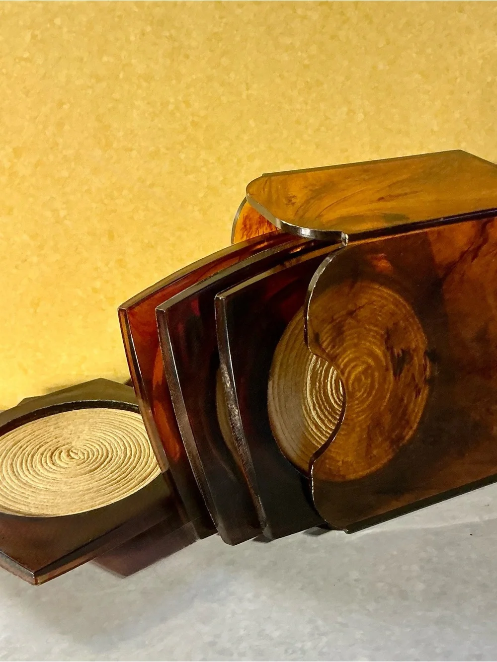 Vintage Coaster Holder Set Georges Briard Faux Tortoise Shell Lucite Raffia MCM